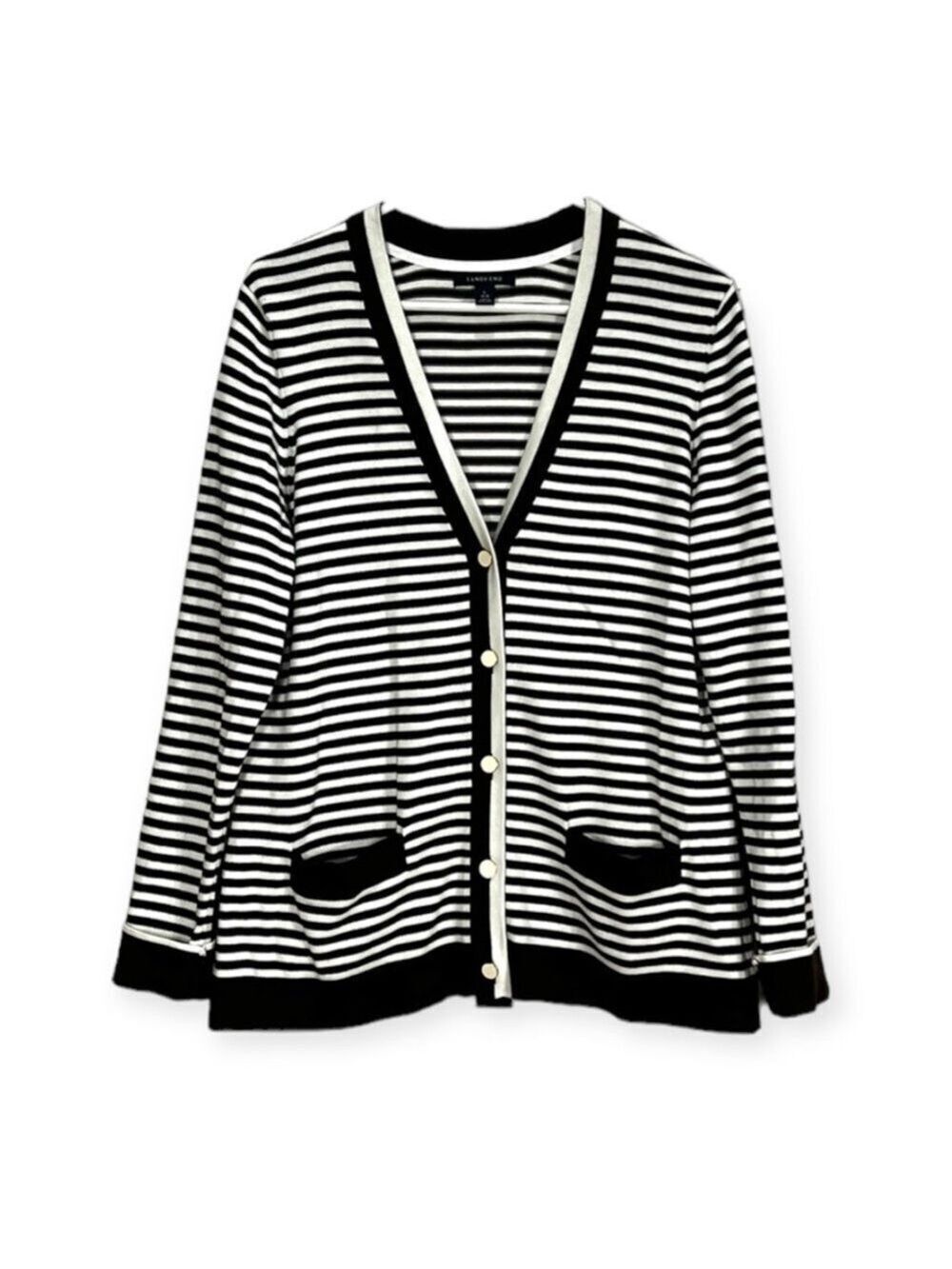 Lands’End Cardigan Women 100% Cotton Strips Sweater Size L